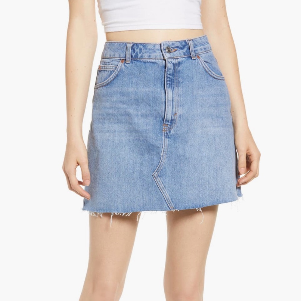 Topshop Blue Denim Frayed Hem Mini Skirt
